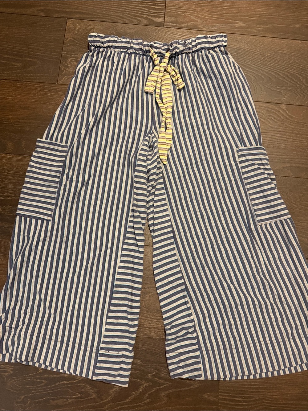 Free People Blue and White Striped Wide-Leg Pants with Yellow Drawstring